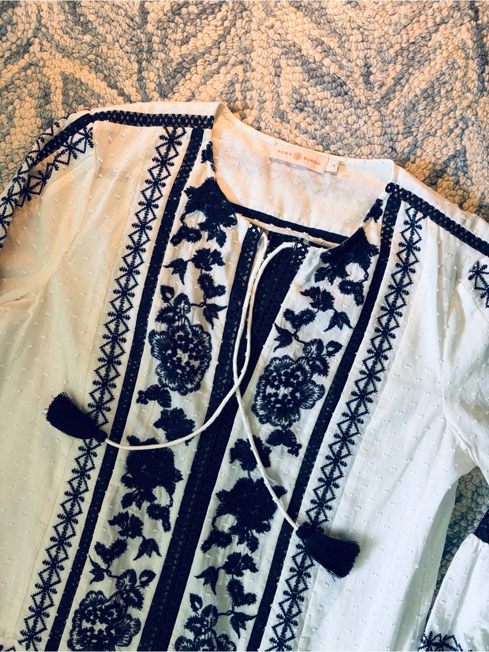 Tory Burch White Dress with Navy Floral Embroidery